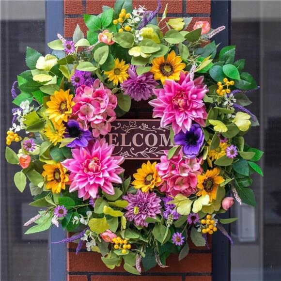 Spring and Summer Wreaths for Front Door 24 Inch Wreath with Lifelike Sunflower - Picture 1 of 7